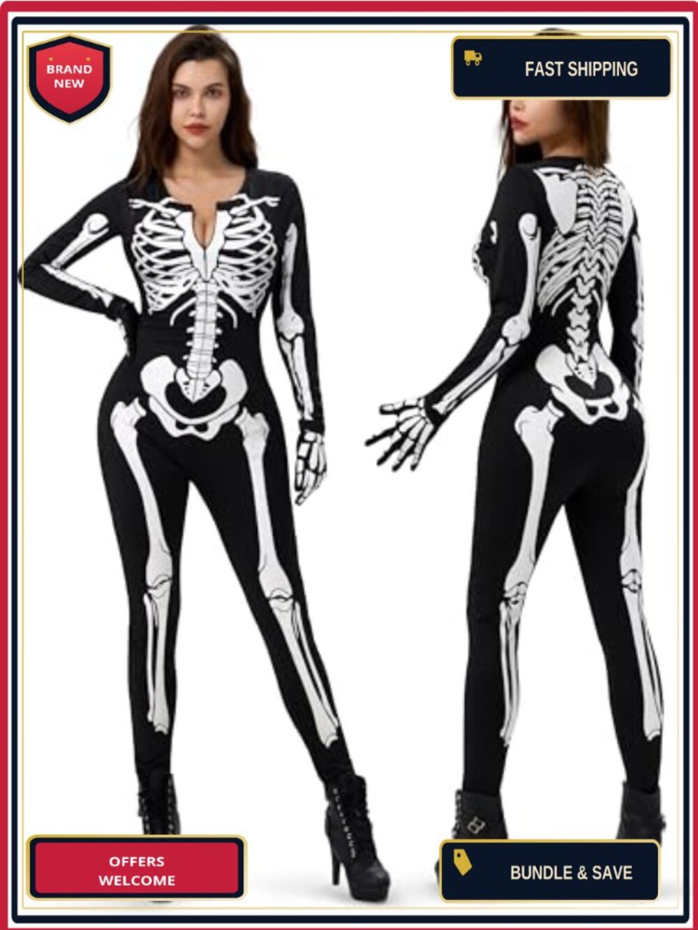 Skeleton Jumpsuit Costume Knitted Polyester Slim Fit Full Zip Halloween Cosplay